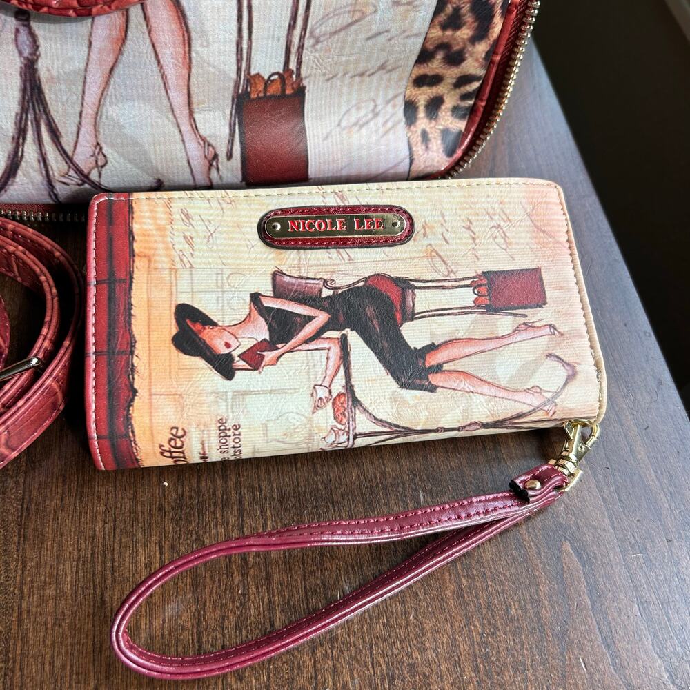 Nicole Lee Red Leopard Café Illustration Crossbody with Matching Wallet - Picture 8 of 16